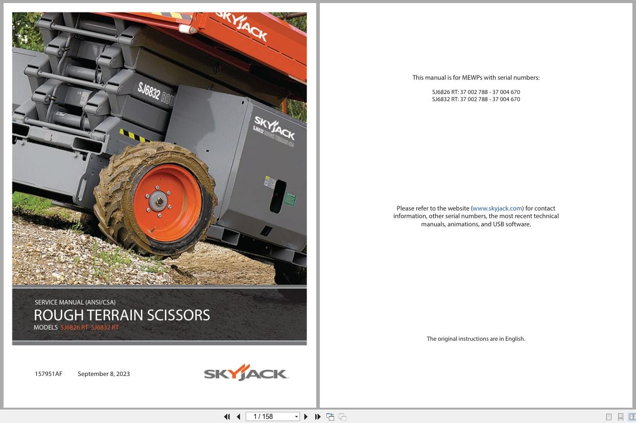 Skyjack Rough Terrain Scissors SJ6826RT SJ6832RT Service Manual 157951AF 2023 (1)