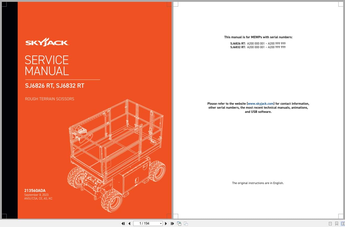 Skyjack Rough Terrain Scissors SJ6826RT SJ6832RT Service Manual 213560ADA 2023 (1)