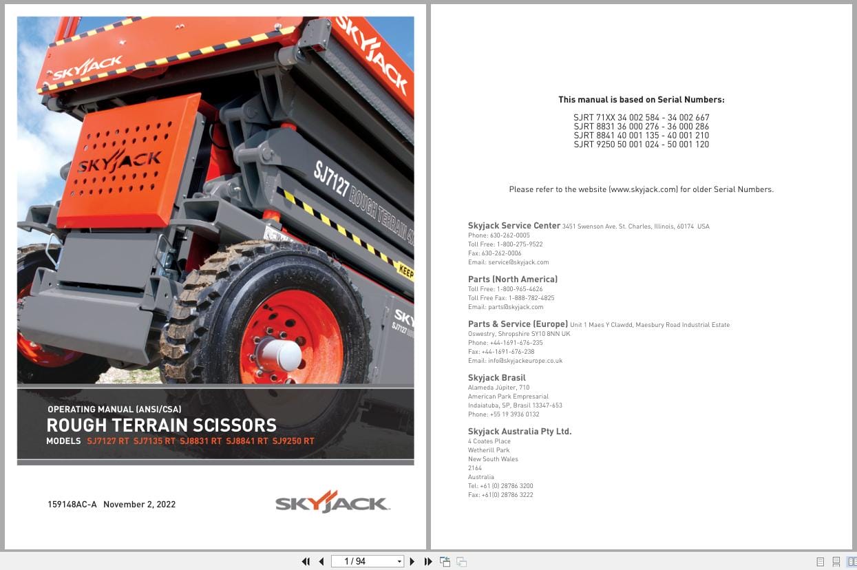 Skyjack Rough Terrain Scissors SJ7127RT to SJ9250RT Operating Manual 159148AC A 2022 (1)