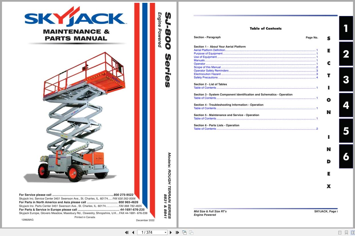 Skyjack Rough Terrain Scissors SJ8831RT SJ8841RT Maintenance Parts Manual 129929AG 2022 (1)