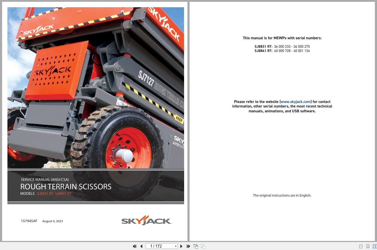 Skyjack Rough Terrain Scissors SJ8831RT SJ8841RT Service Manual 157945AF 2023 (1)
