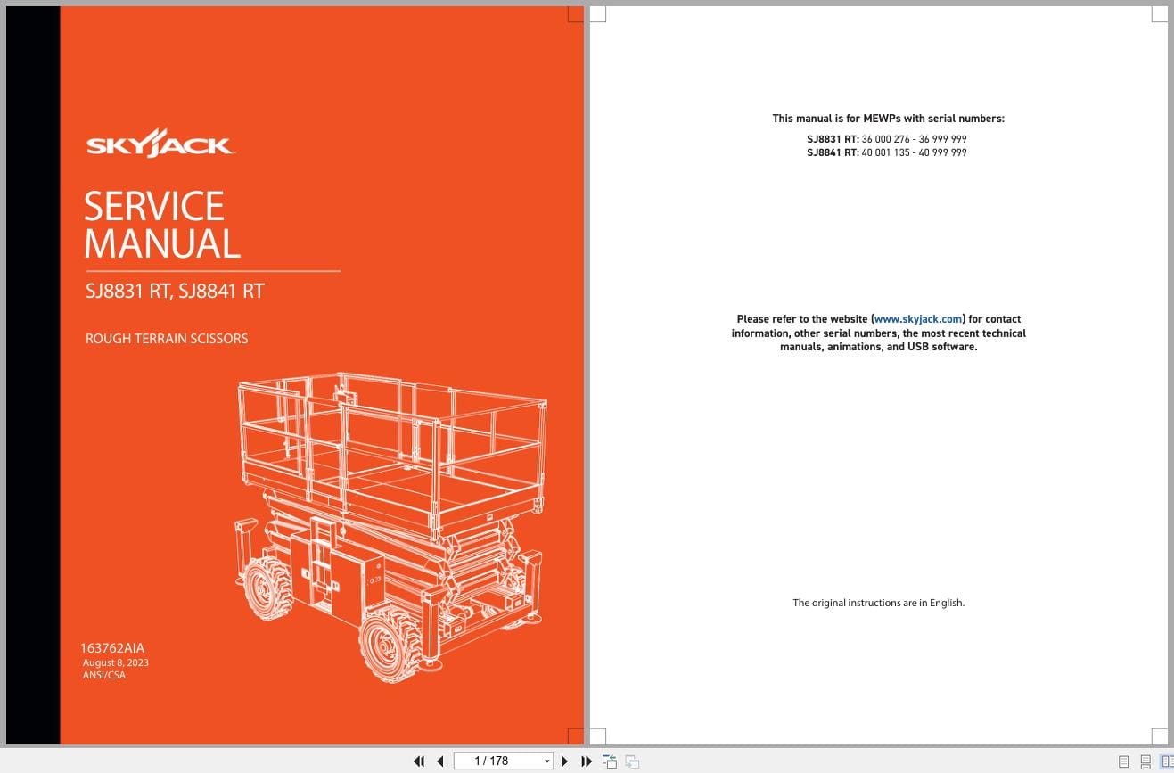 Skyjack Rough Terrain Scissors SJ8831RT SJ8841RT Service Manual 163762AIA 2023 (1)