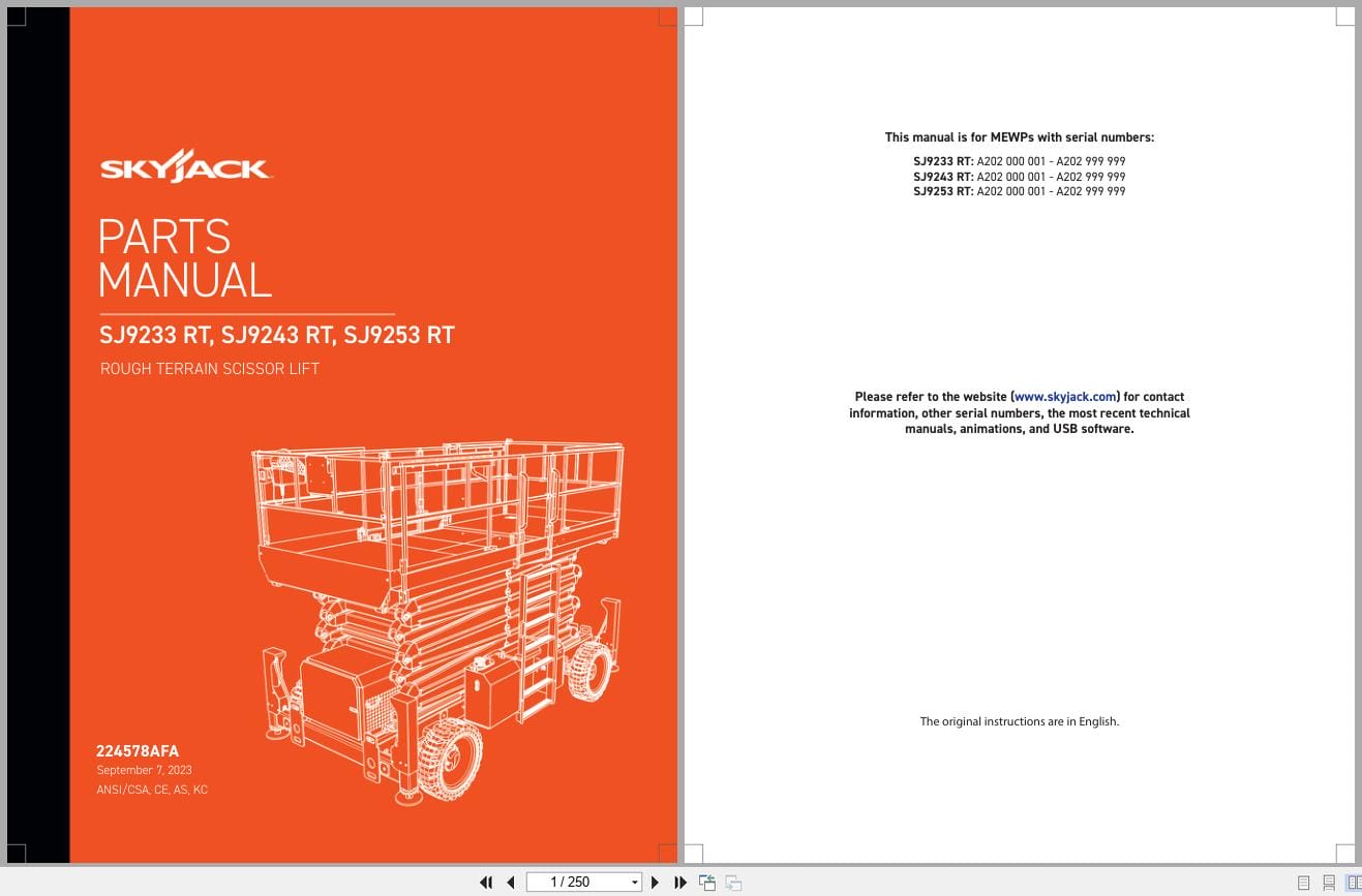 Skyjack Rough Terrain Scissors SJ9233RT SJ9243RT SJ9253RT Parts Manual 224578AFA 2023 (1)