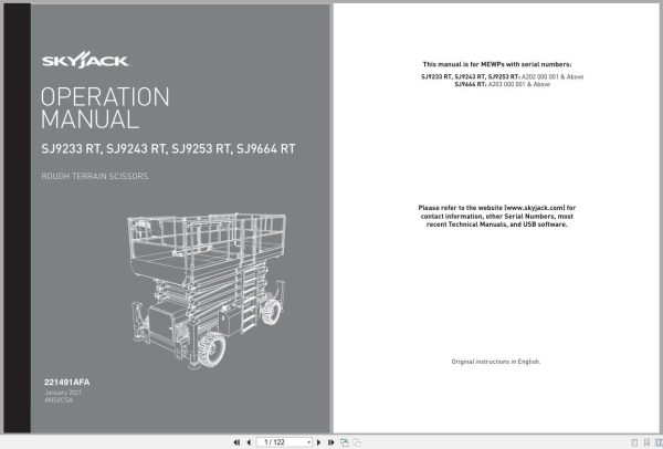 Skyjack Rough Terrain Scissors SJ9233RT to SJ9664RT Operating Manual 221491AFA 2021 (1)