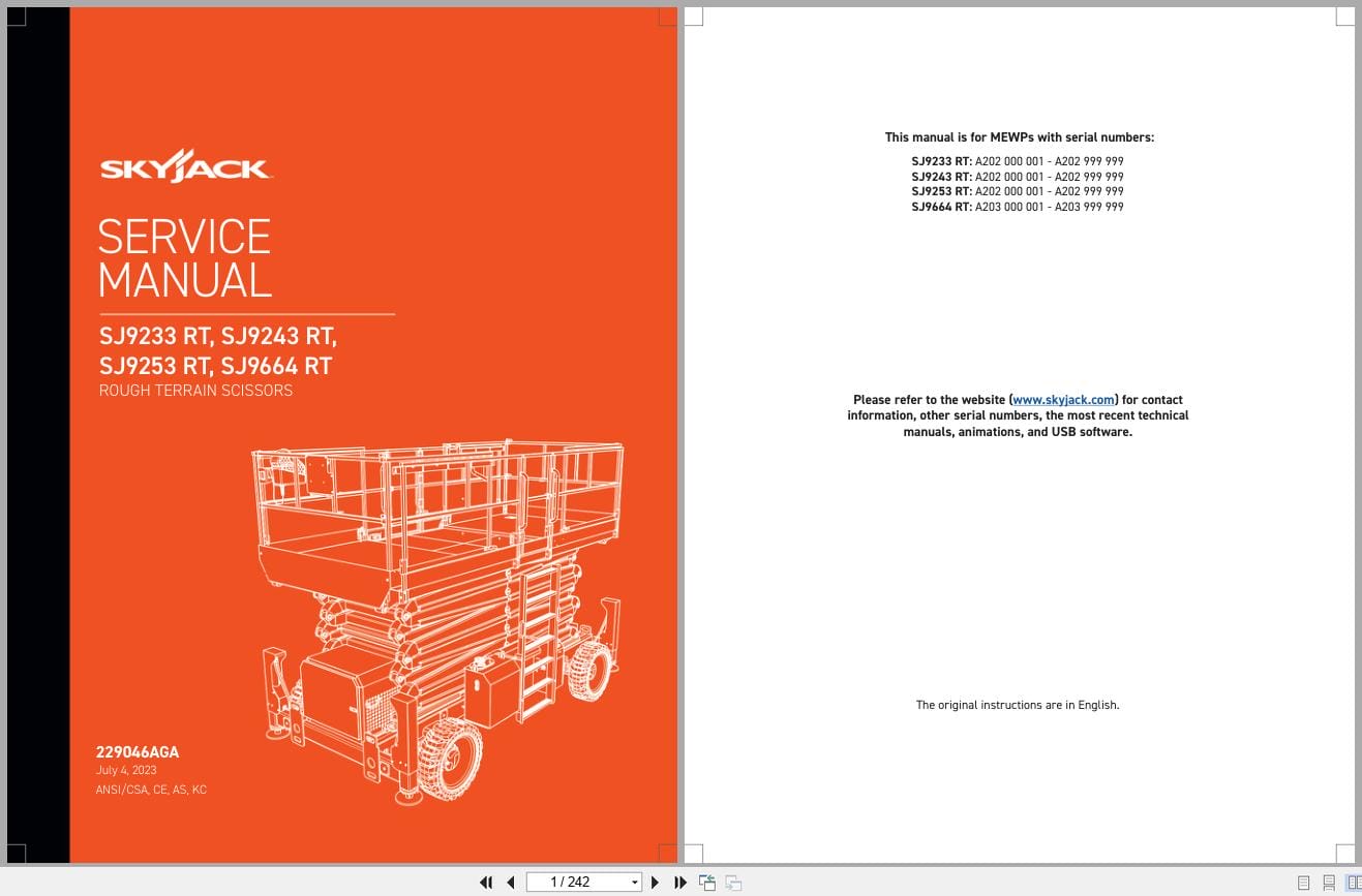 Skyjack Rough Terrain Scissors SJ9233RT to SJ9664RT Service Manual 229046AGA 2023 (1)