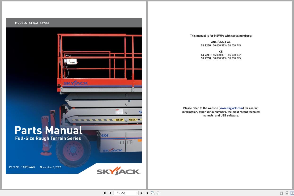 Skyjack Rough Terrain Scissors SJ9241RT SJ9250RT Parts Manual 143904AG 2022 (1)