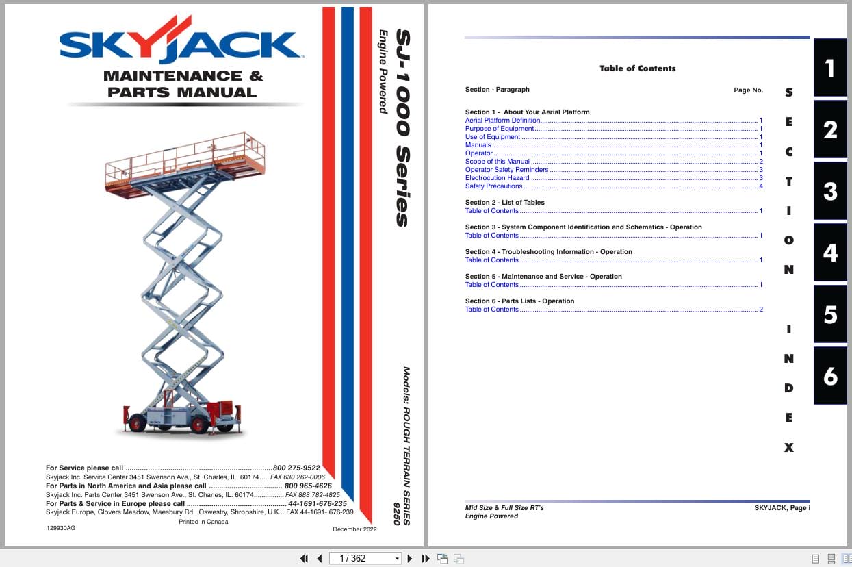 Skyjack Rough Terrain Scissors SJ9250RT Maintenance Parts Manual 129930AG 2022 (1)