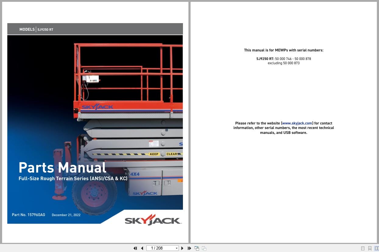 Skyjack Rough Terrain Scissors SJ9250RT Parts Manual 157960AG 2022 (1)