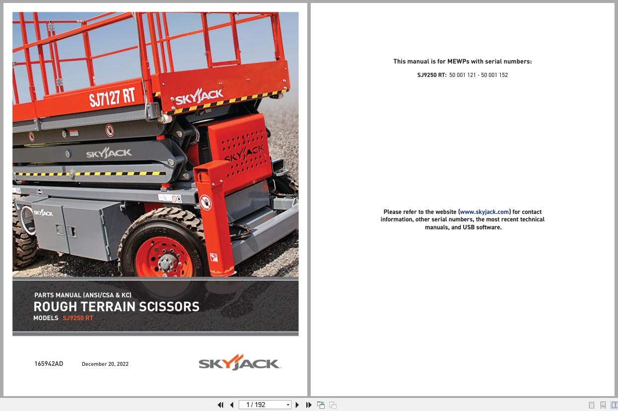 Skyjack Rough Terrain Scissors SJ9250RT Parts Manual 165942AD 2022 (1)