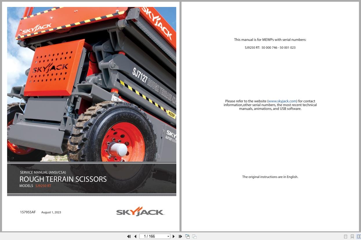 Skyjack Rough Terrain Scissors SJ9250RT Service Manual 157955AF 2023 (1)
