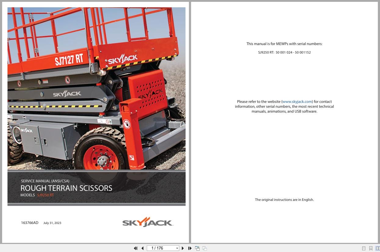 Skyjack Rough Terrain Scissors SJ9250RT Service Manual 163766AD 2023 (1)