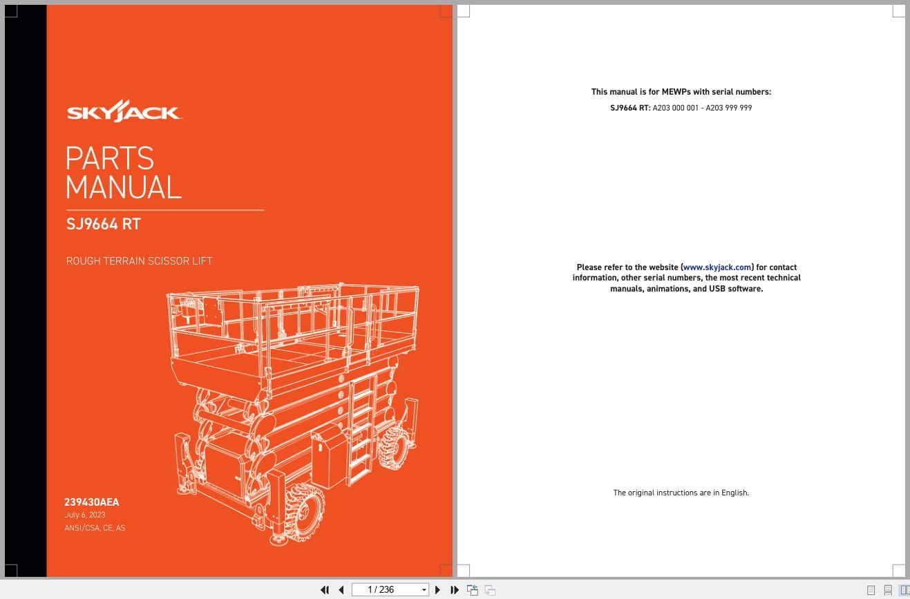 Skyjack Rough Terrain Scissors SJ9664RT Parts Manual 239430AEA 2023 (1)