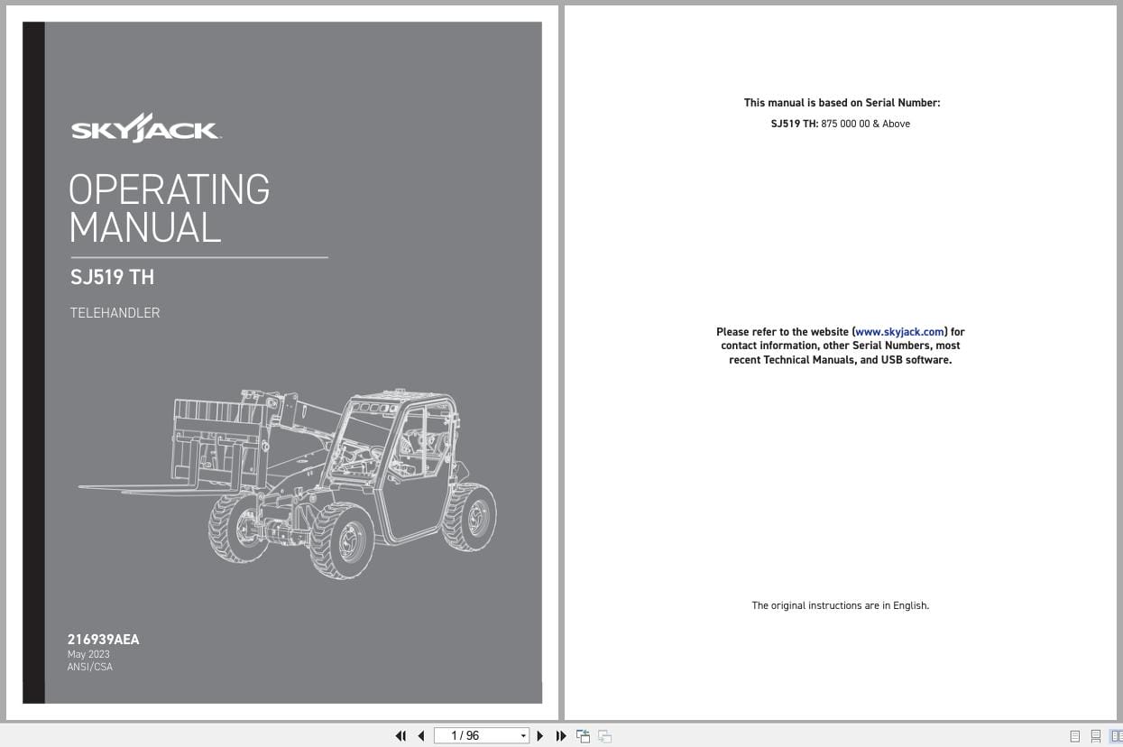 Skyjack Telehandler SJ519TH Operating Manual 216939AEA 2023 (1)