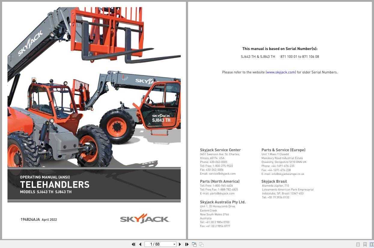 Skyjack Telehandler SJ643TH SJ843TH Operating Manual 194824AJA 2022 (1)