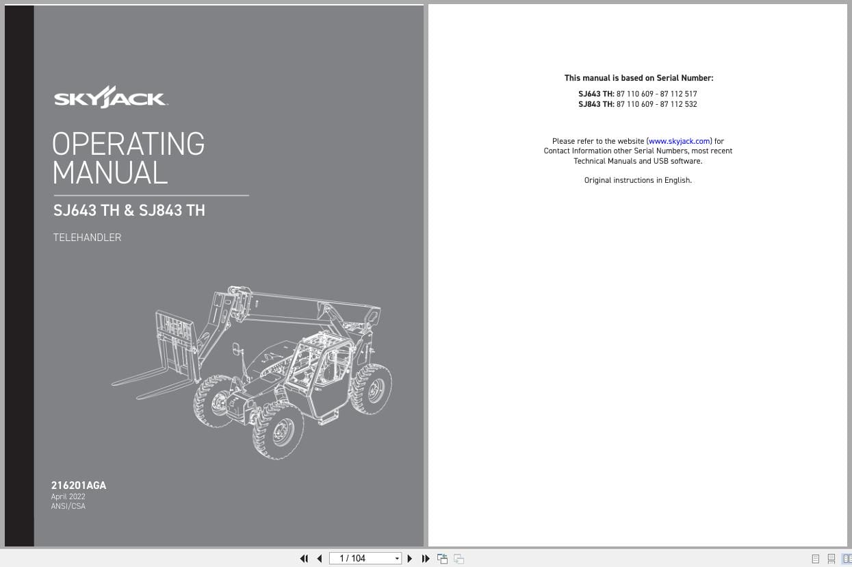 Skyjack Telehandler SJ643TH SJ843TH Operating Manual 216201AGA 2022 (1)