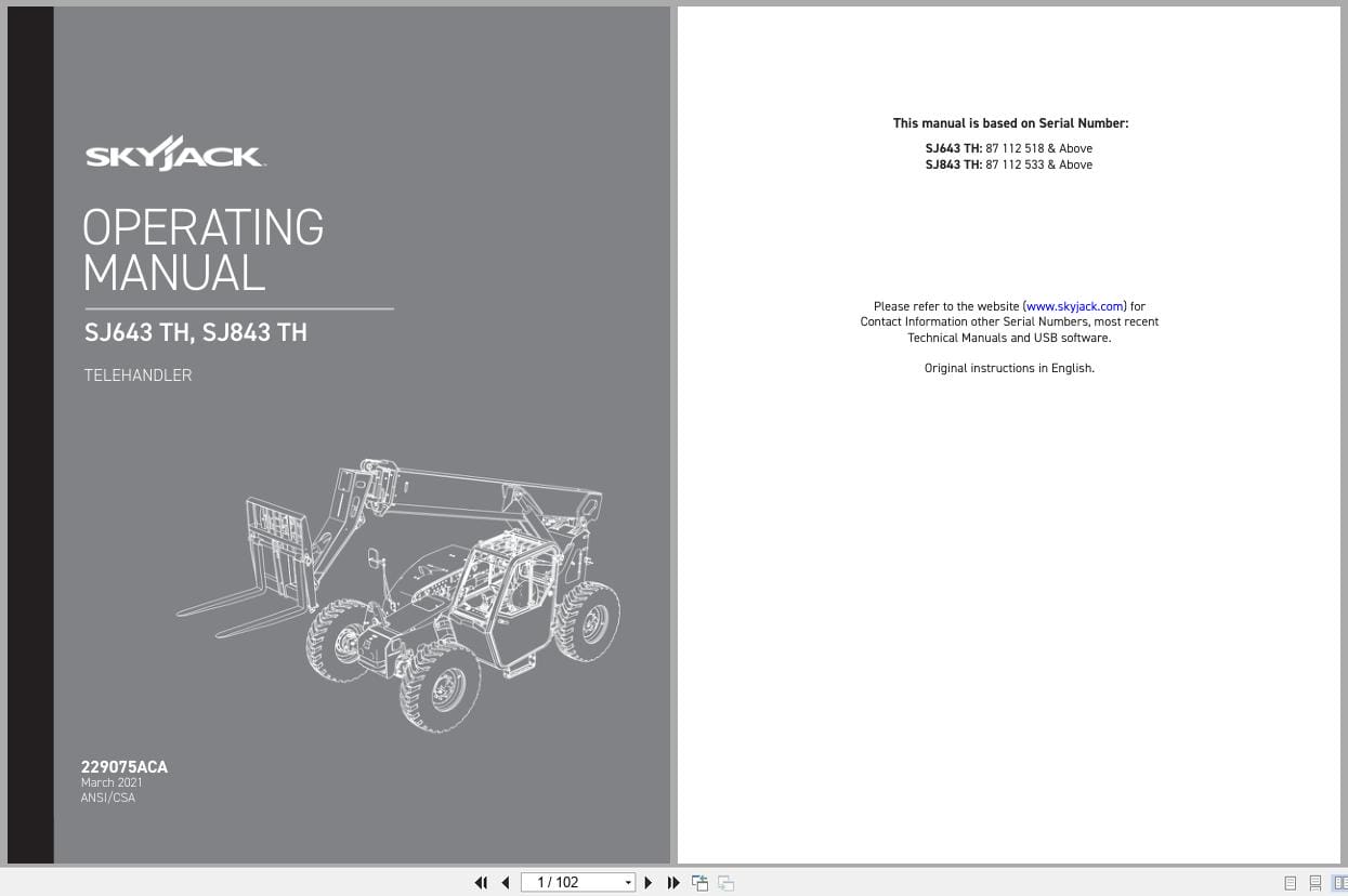Skyjack Telehandler SJ643TH SJ843TH Operating Manual 229075ACA 2021 (1)