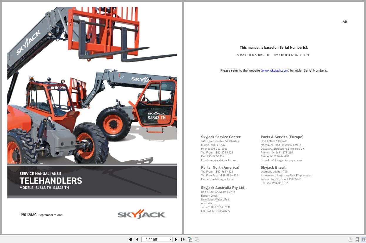 Skyjack Telehandler SJ643TH SJ843TH Service Manual 190128AC 2023 (1)