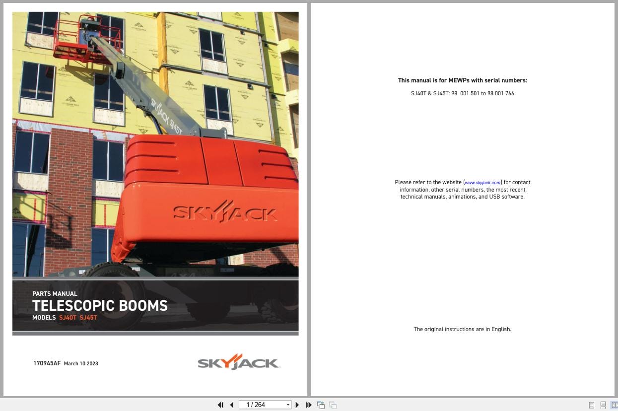 Skyjack Telescopic Booms SJ40T SJ45T Parts Manual 170945AF 2023 (1)