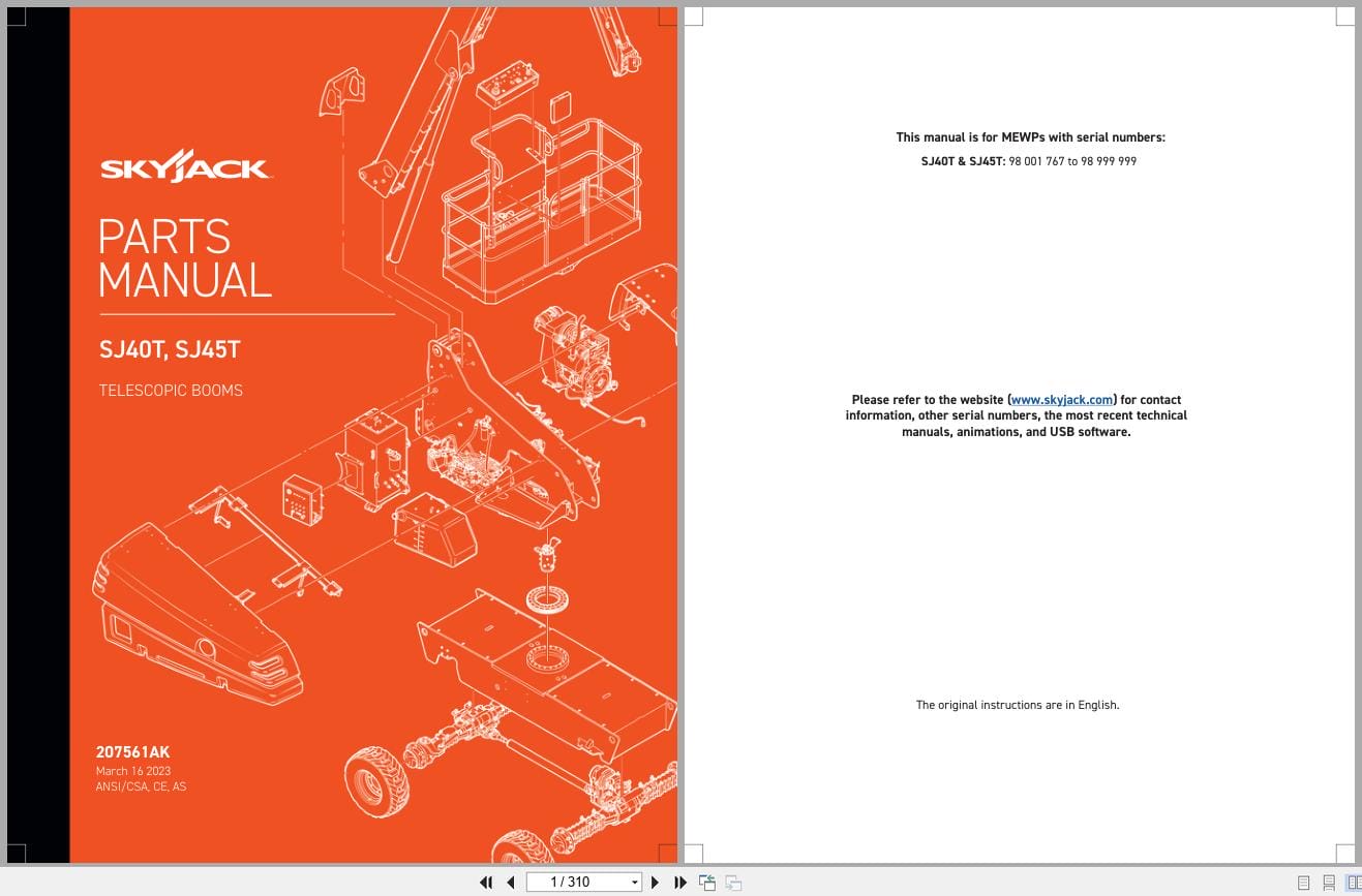 Skyjack Telescopic Booms SJ40T SJ45T Parts Manual 207561AK 2023 (1)