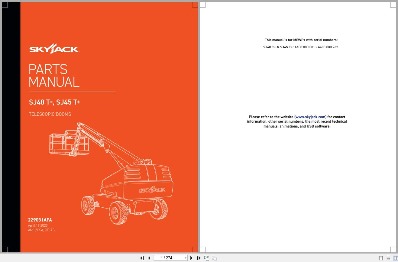 Skyjack Telescopic Booms SJ40T+ SJ45T+ Parts Manual 229031AFA 2023 (1)