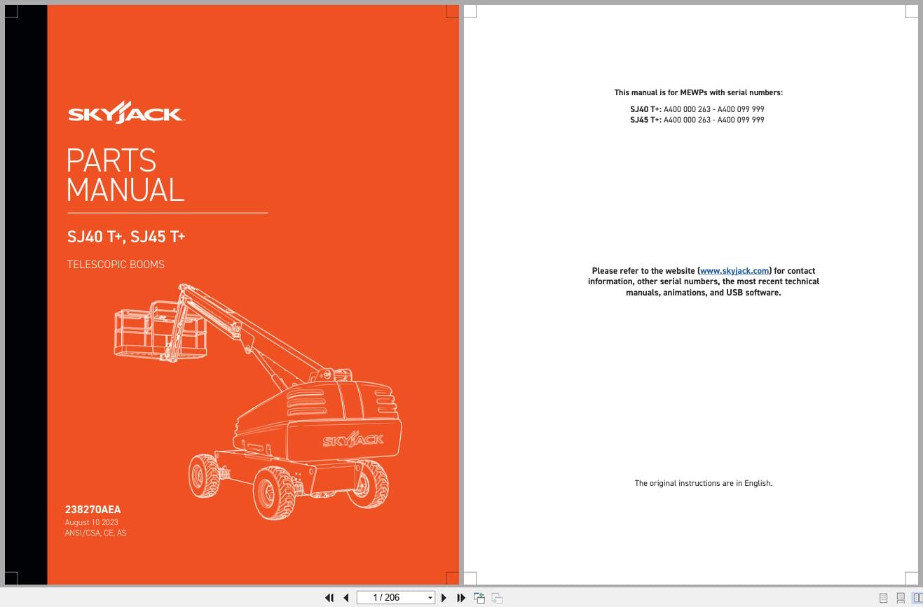 Skyjack Telescopic Booms SJ40T+ SJ45T+ Parts Manual 238270AEA 2023 (1)