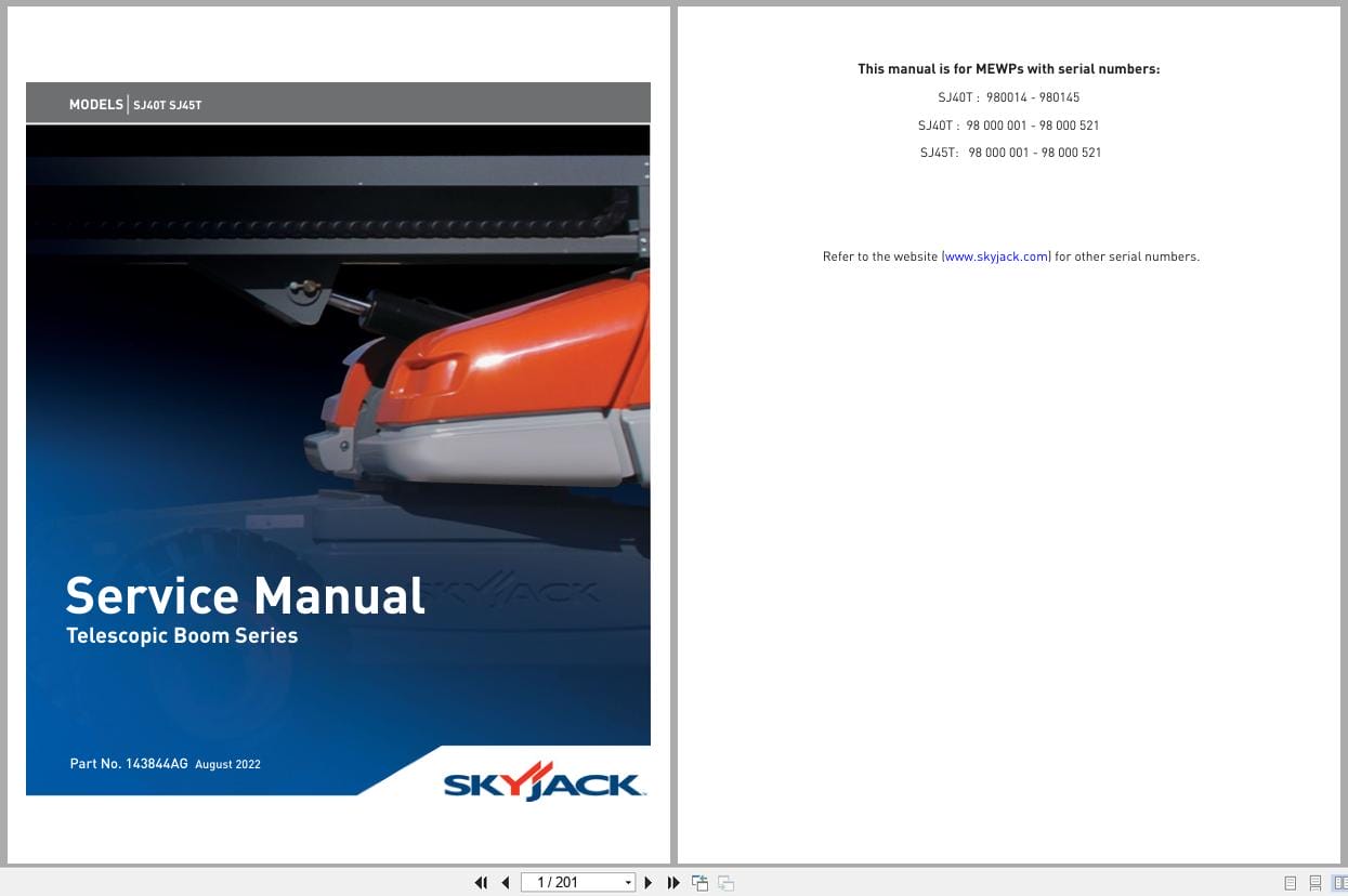 Skyjack Telescopic Booms SJ40T SJ45T Service Manual 143844AG 2022 (1)