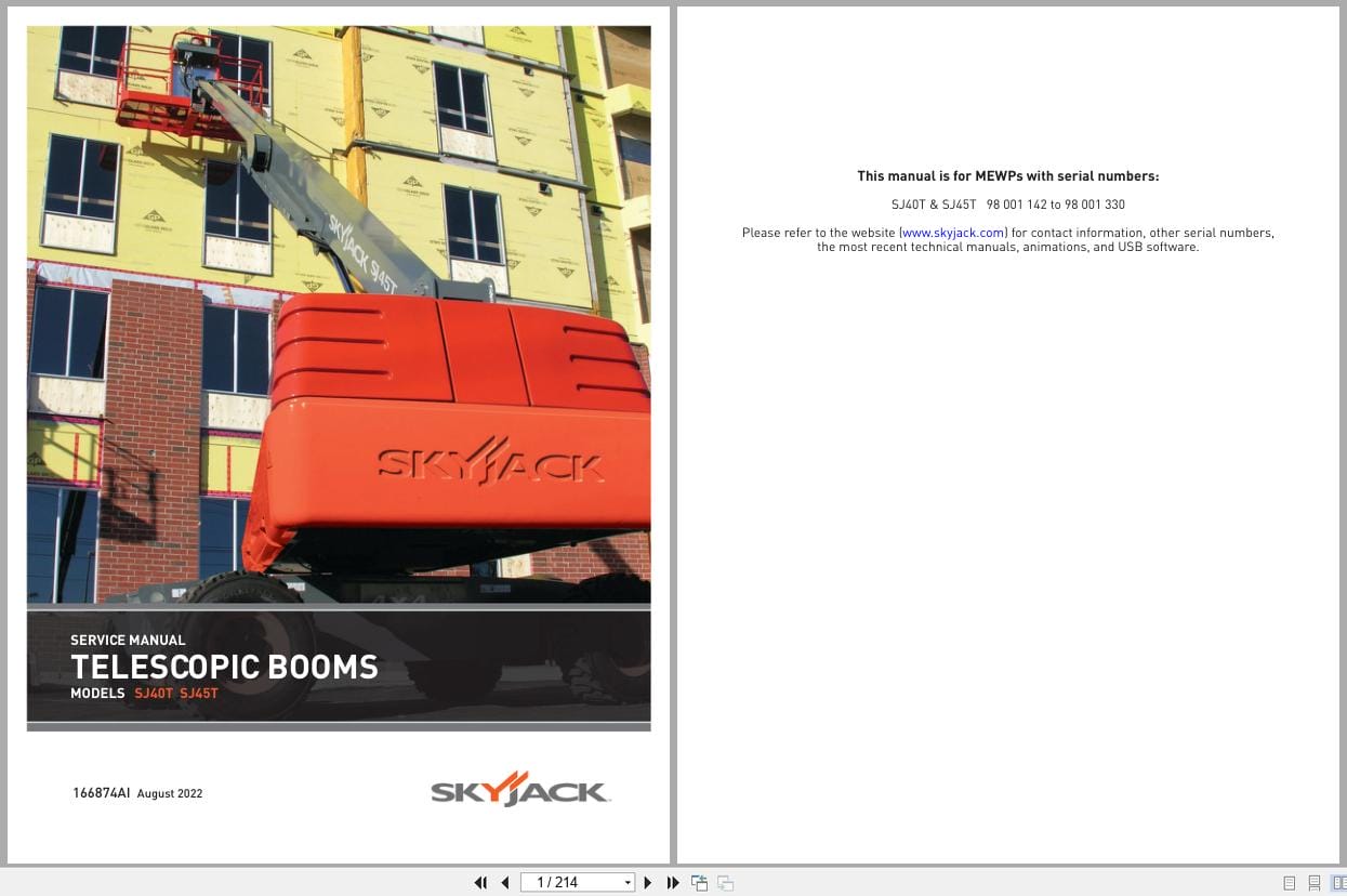 Skyjack Telescopic Booms SJ40T SJ45T Service Manual 166874AI 2022 (1)