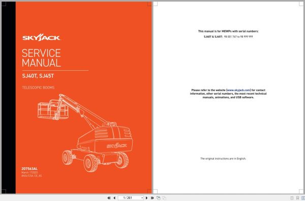 Skyjack Telescopic Booms SJ40T SJ45T Service Manual 207563AL 2023 (1)