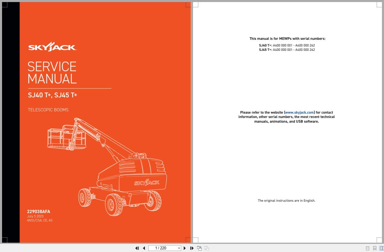 Skyjack Telescopic Booms SJ40T+ SJ45T+ Service Manual 229038AFA 2023 (1)