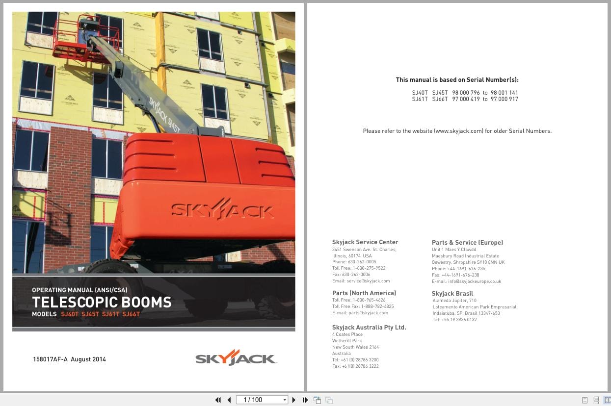 Skyjack Telescopic Booms SJ40T to SJ66T Operating Manual 158017AF A 2014 (1)