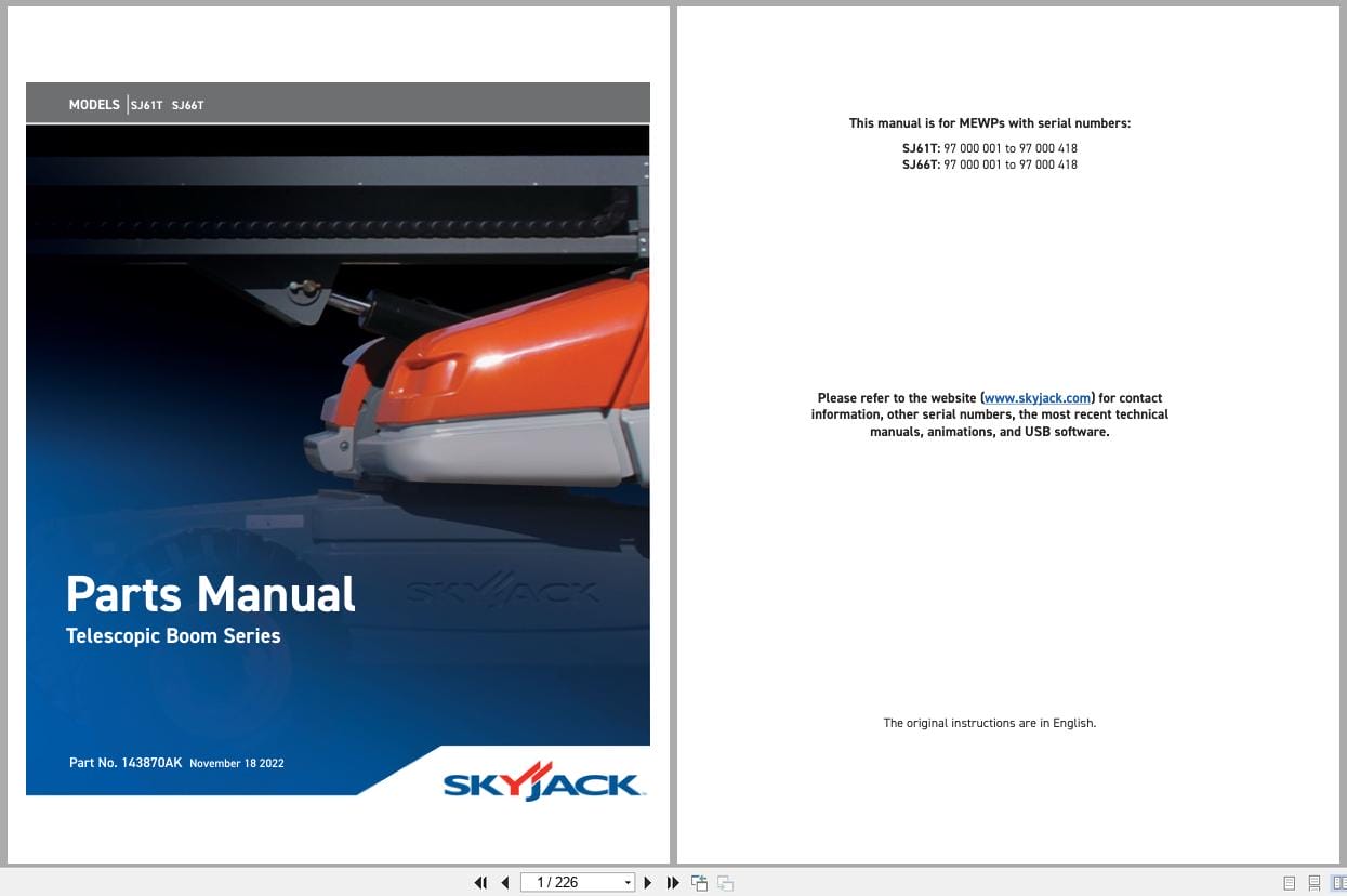 Skyjack Telescopic Booms SJ61T SJ66T Parts Manual 143870AK 2022 (1)