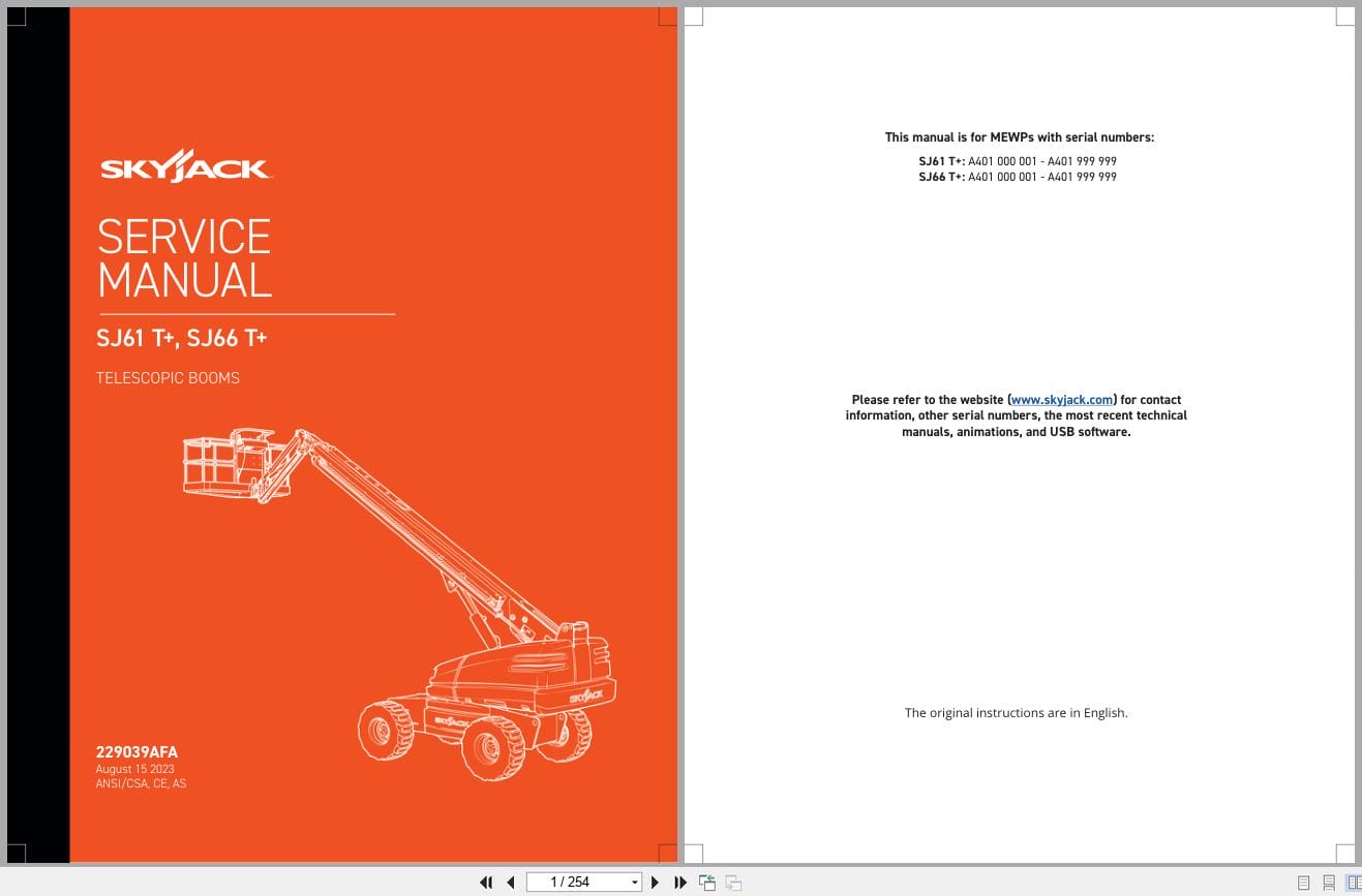 Skyjack Telescopic Booms SJ61T+ SJ66T+ Service Manual 229039AFA 2023 (1)