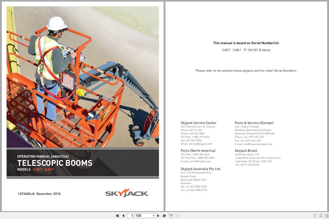 Skyjack Telescopic Booms SJ82T SJ86T Operating Manual 169368AJA 2018 (1)