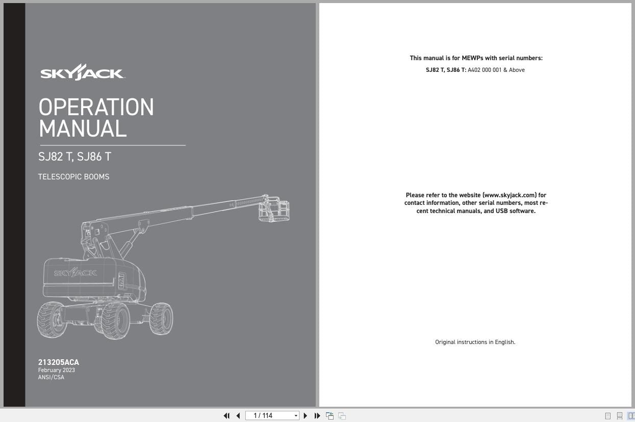 Skyjack Telescopic Booms SJ82T SJ86T Operating Manual 213205ACA 2023 (1)