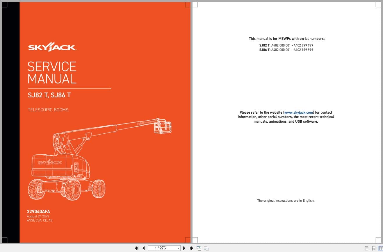 Skyjack Telescopic Booms SJ82T SJ86T Service Manual 229040AFA 2023 (1)