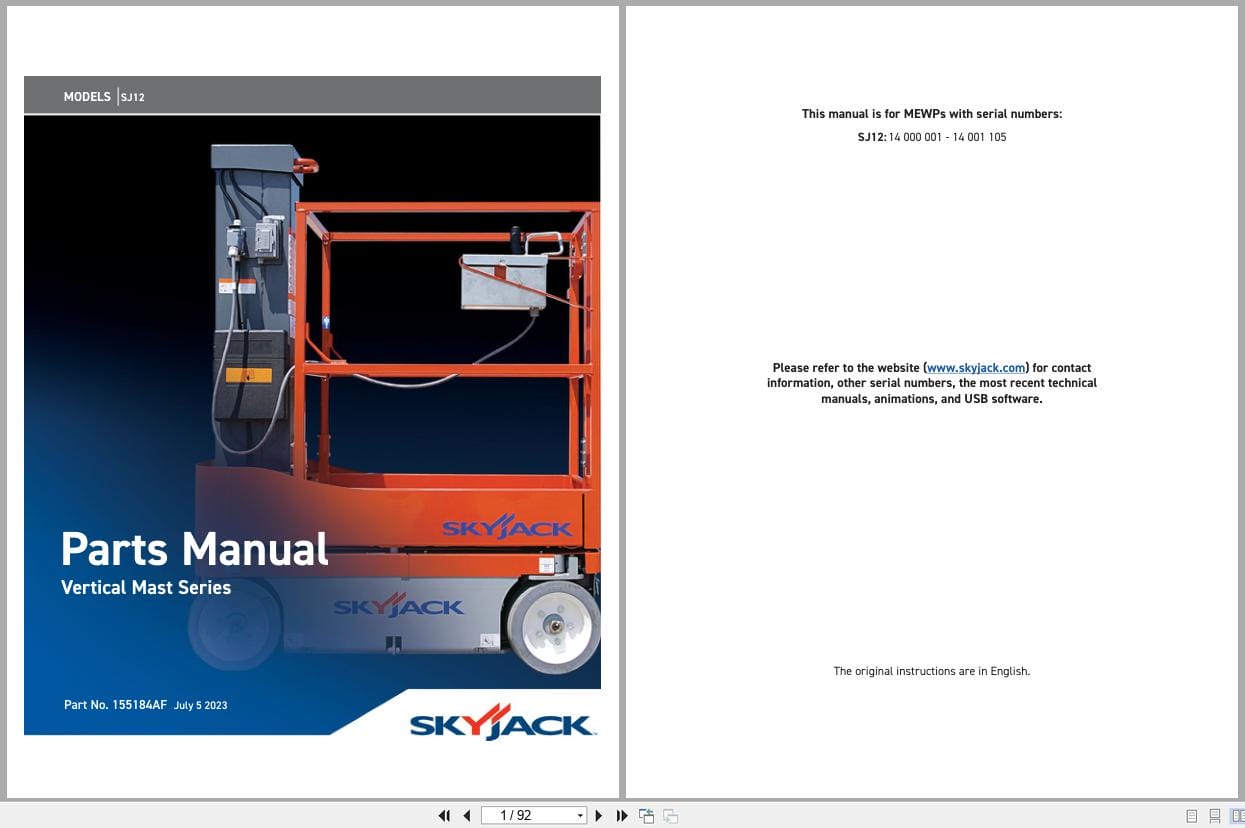 Skyjack Vertical Mast Lifts SJ12 Parts Manual 155184AF 2023 (1)