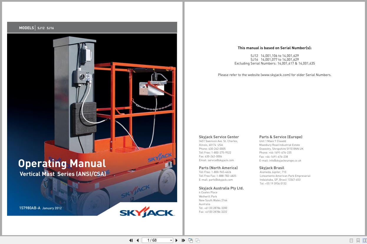 Skyjack Vertical Mast Lifts SJ12 SJ16 Operators Manual 157980AB A 2012 (1)