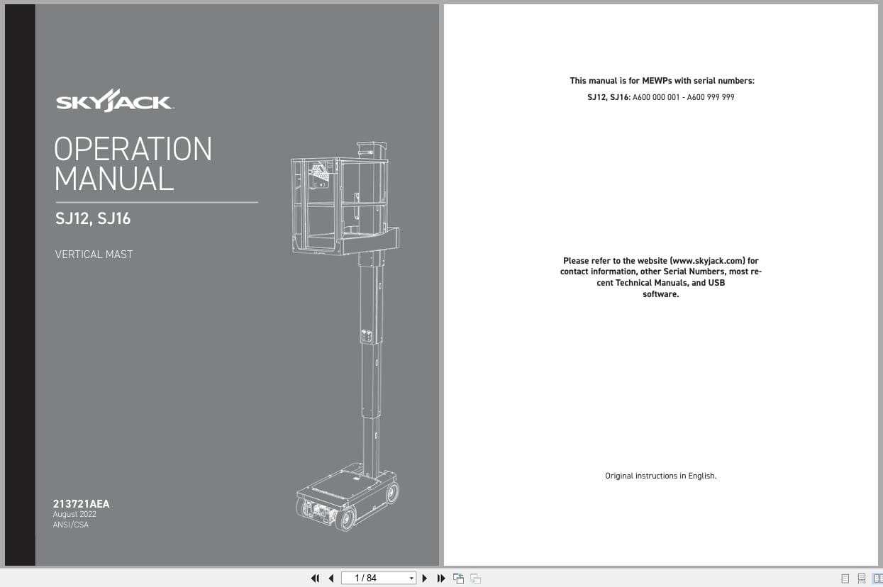 Skyjack Vertical Mast Lifts SJ12 SJ16 Operators Manual 213721AEA 2022 (1)