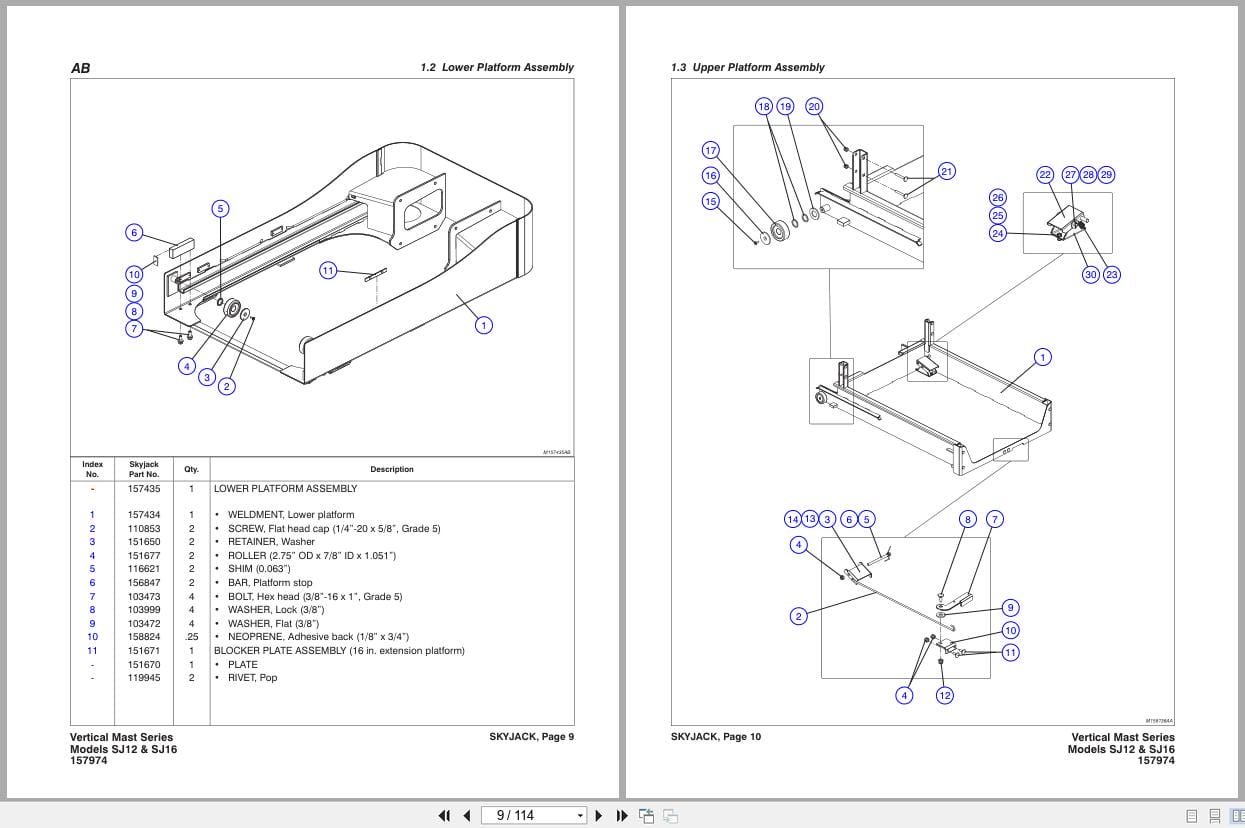 Skyjack Vertical Mast Lifts SJ12 SJ16 Parts Manual 157974AC 2023 (2)