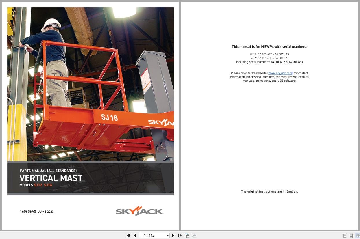 Skyjack Vertical Mast Lifts SJ12 SJ16 Parts Manual 160606AG 2023 (1)