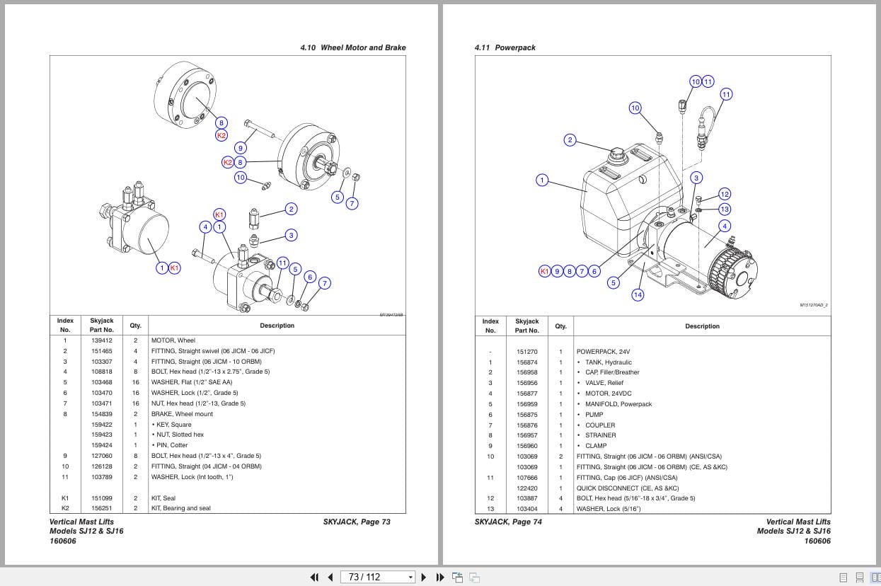 Skyjack Vertical Mast Lifts SJ12 SJ16 Parts Manual 160606AG 2023 (3)