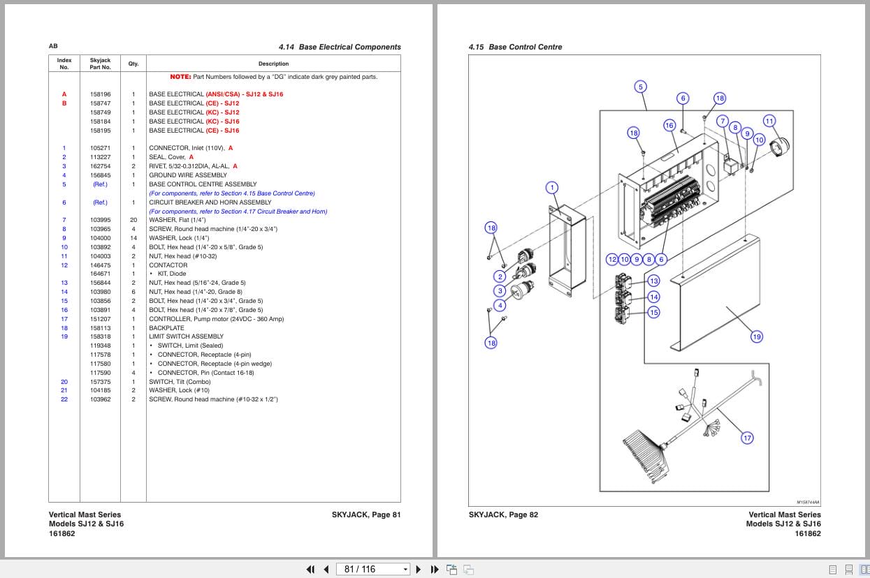 Skyjack Vertical Mast Lifts SJ12 SJ16 Parts Manual 161862AF 2023 (3)