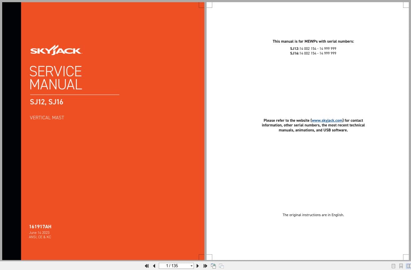 Skyjack Vertical Mast Lifts SJ12 SJ16 Service Manual 161917AH 2023 (3)