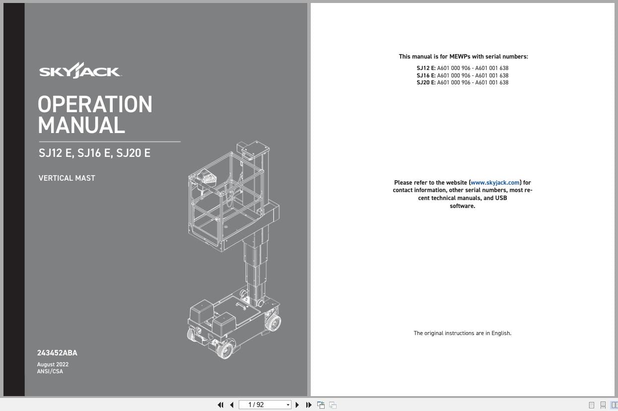 Skyjack Vertical Mast Lifts SJ12E SJ16E SJ20E Operating Manual 243452ABA 2022 (1)