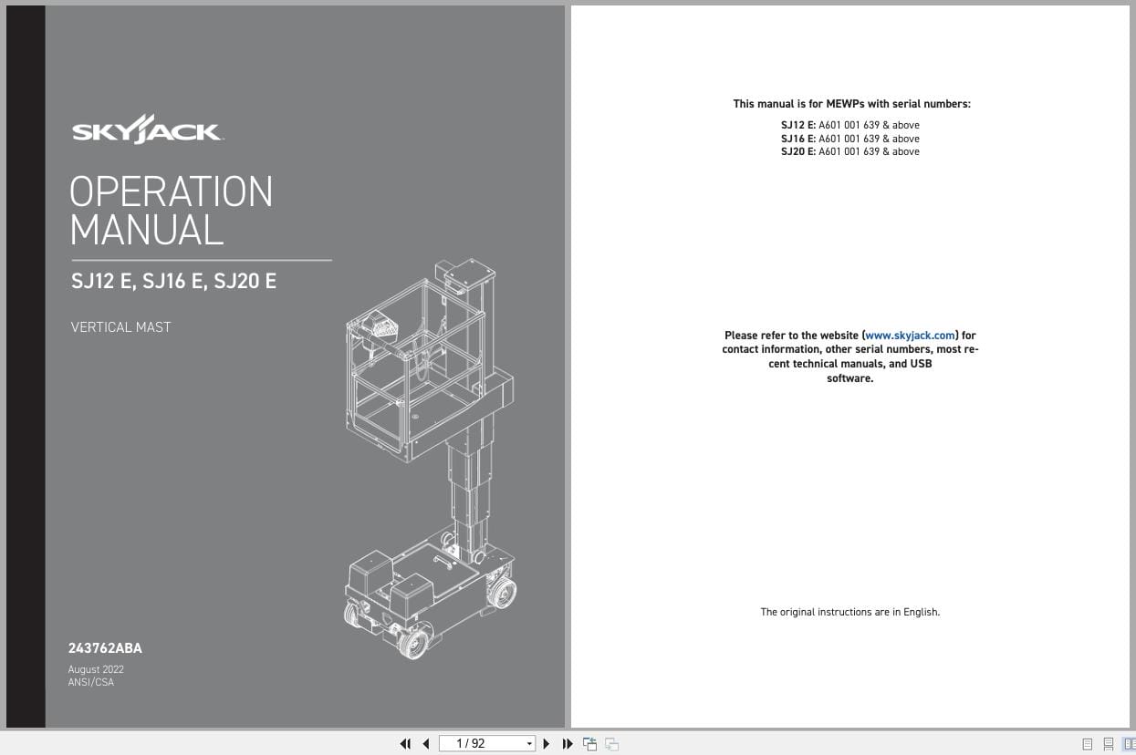 Skyjack Vertical Mast Lifts SJ12E SJ16E SJ20E Operating Manual 243762ABA 2022 (1)