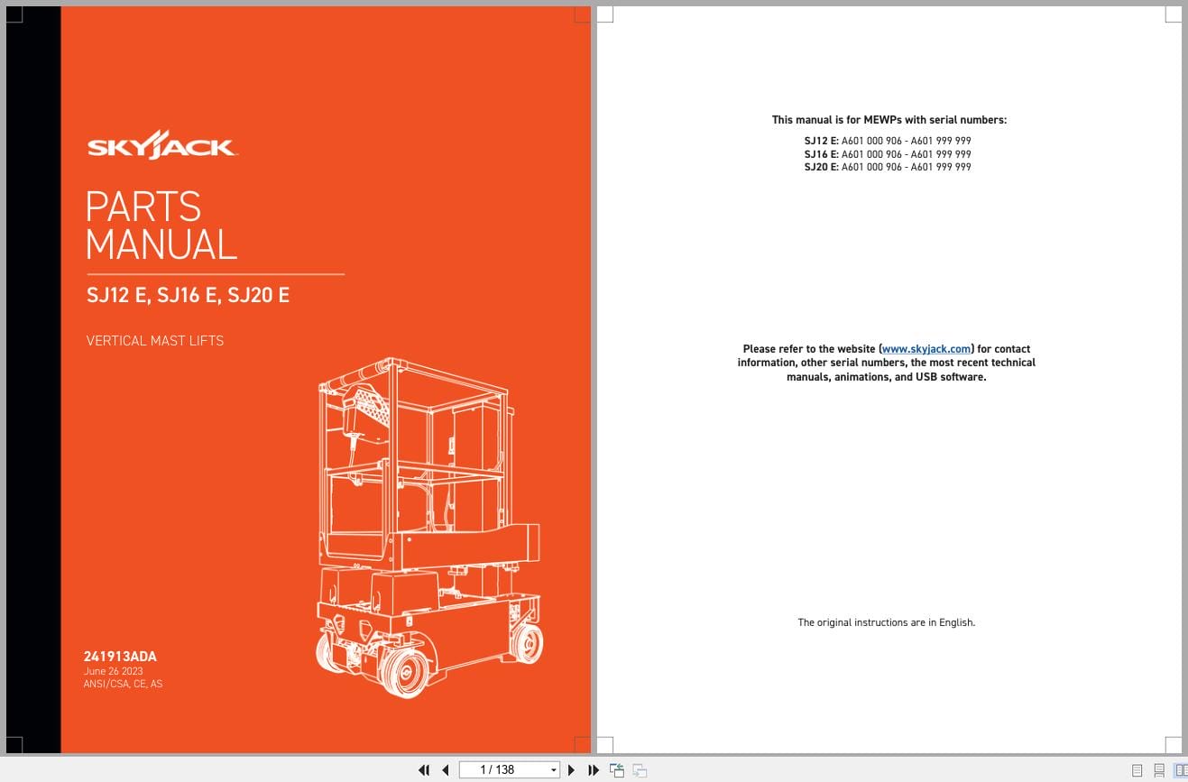 Skyjack Vertical Mast Lifts SJ12E SJ16E SJ20E Parts Manual 241913ADA 2023 (1)