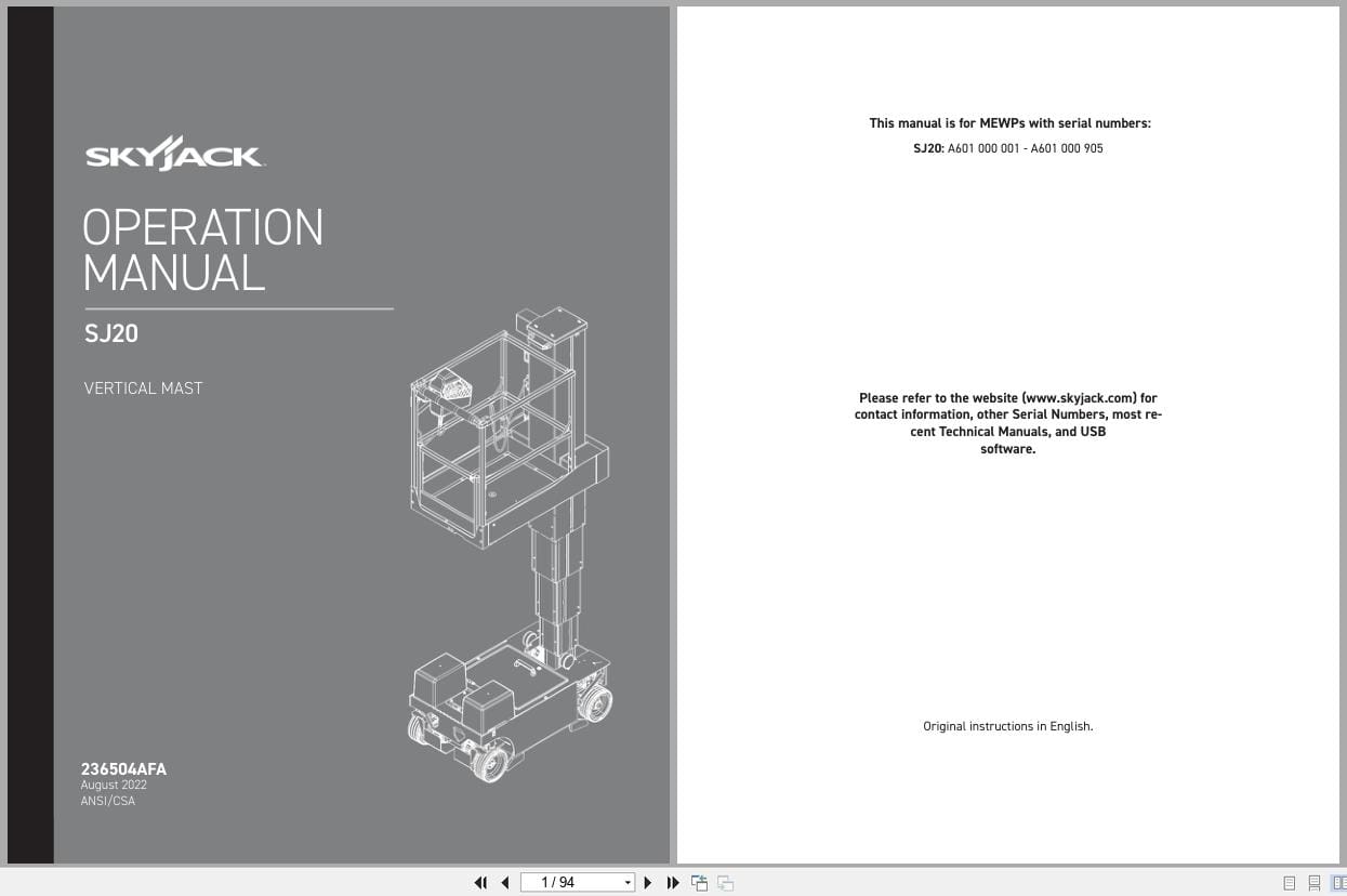 Skyjack Vertical Mast Lifts SJ20 Operating Manual 236504AFA 2022 (1)
