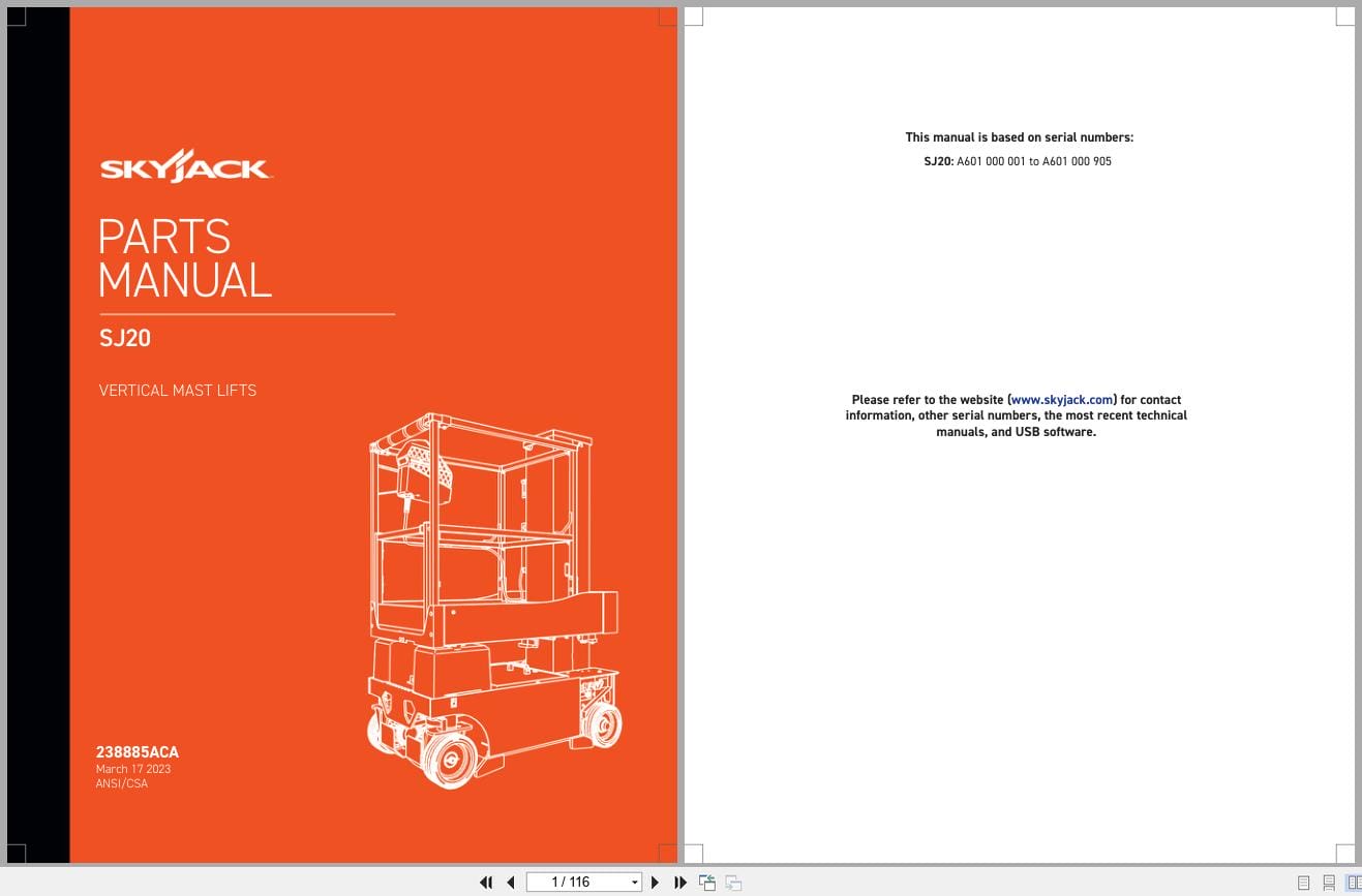 Skyjack Vertical Mast Lifts SJ20 Parts Manual 238885ACA 2023 (1)