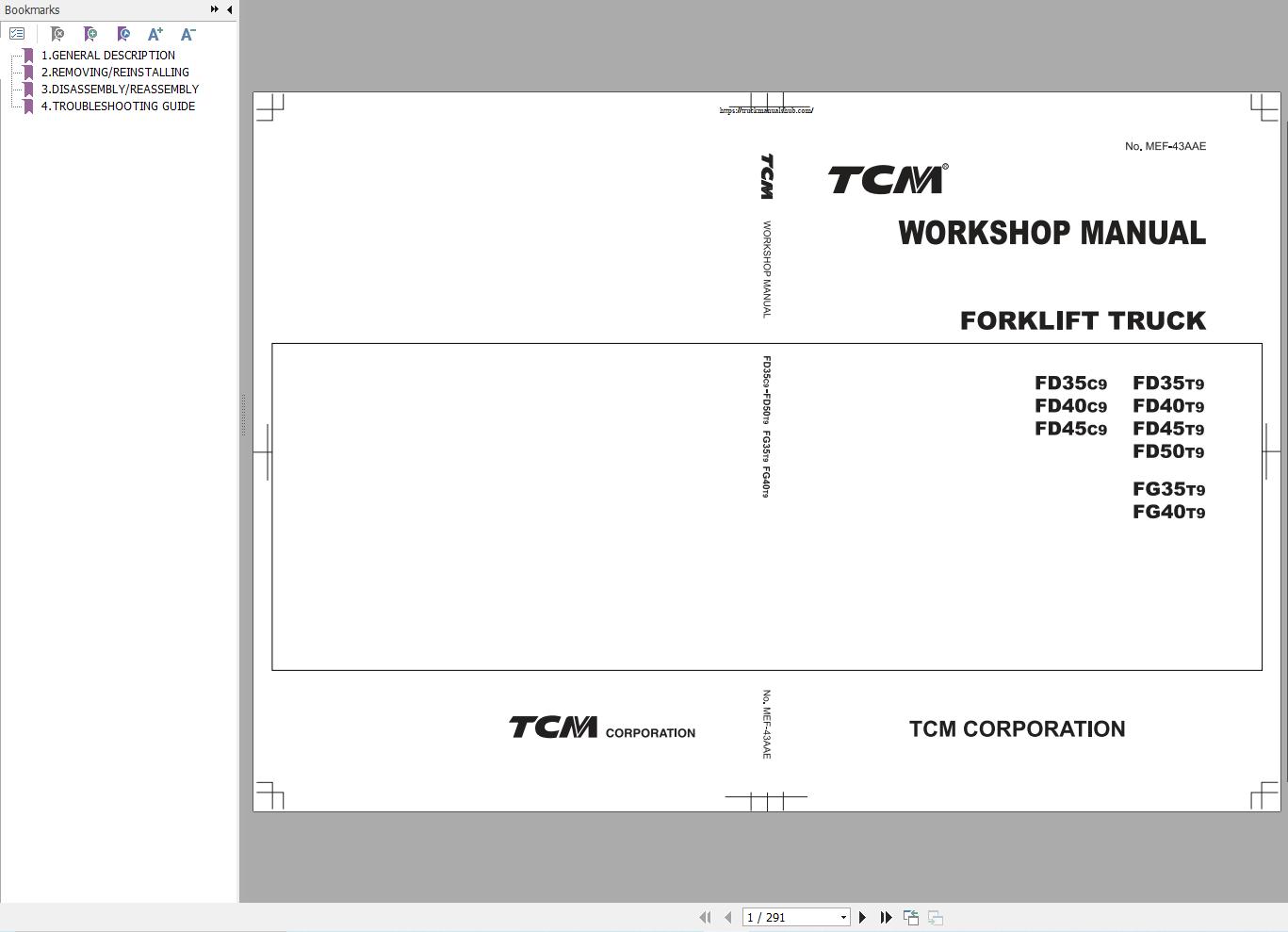 TCM Forklift FD35C9 to FG40T9 Workshop Manual MEF 43AAE (1)