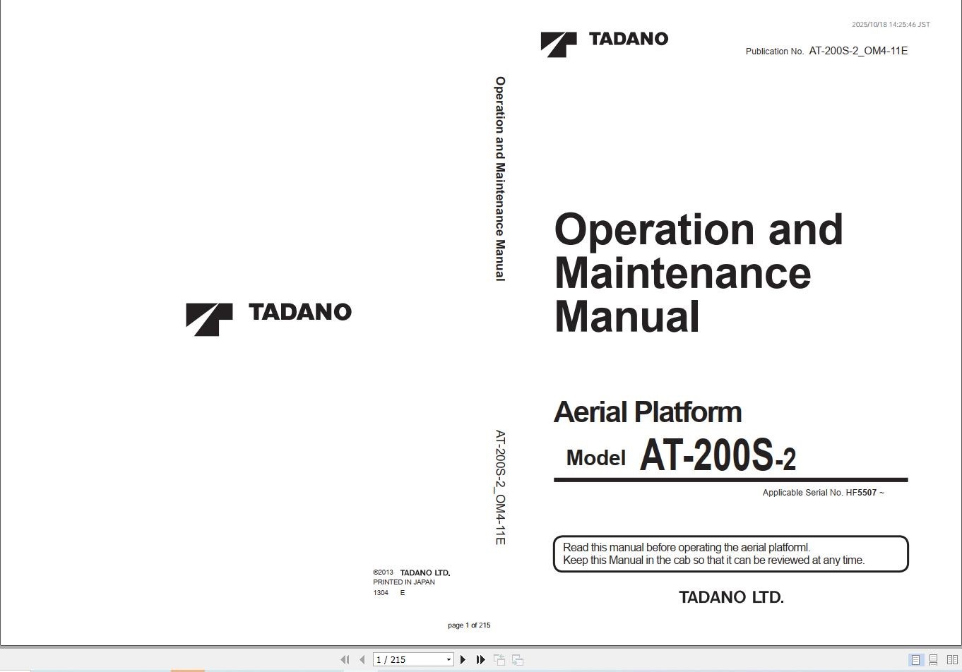 Tadano Aerial Work Platform AT 200S 2 Diagrams and Operation Manual (1)